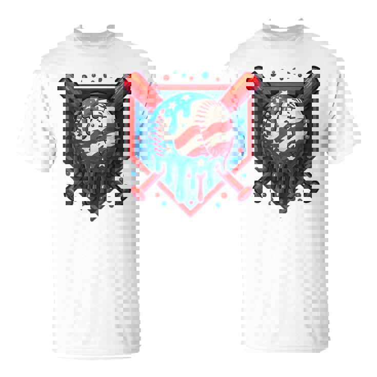 Baseball Drip Ice Cream 4Th Of July Usa Flag T-Shirt