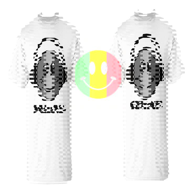 One Love ラスタ レゲエ 音楽 ヘッドホン スマイルフェイス ラスタファリ Tシャツ