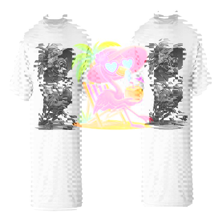 Summer Vibes Pink Flamingo Beach Palm Tree Summer Vacation T-Shirt