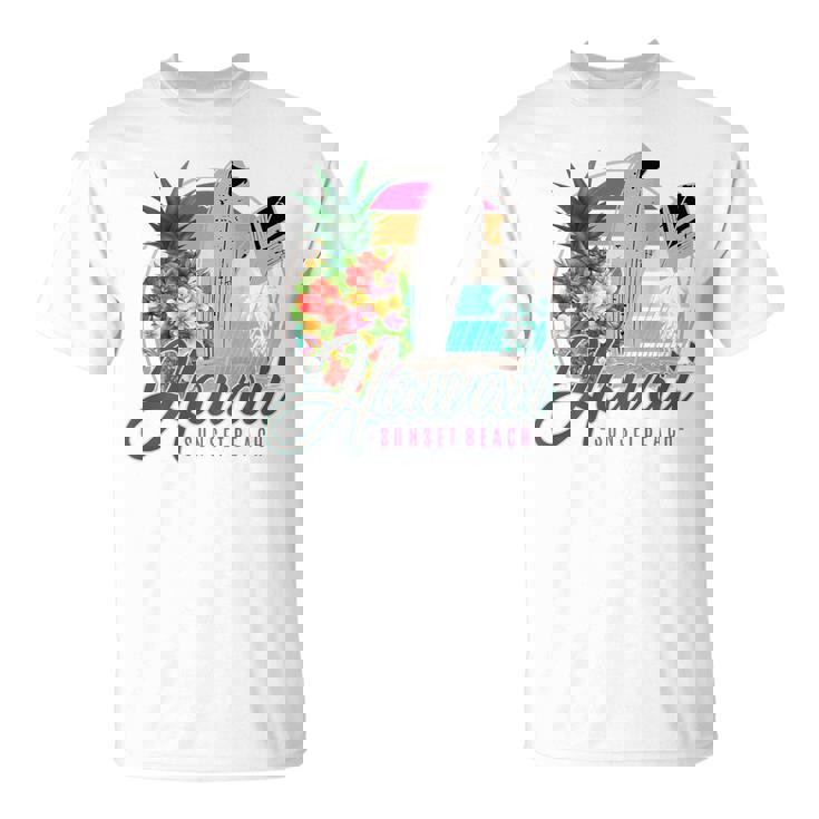 Sunset Beach Hawaii、サーフィンサーフボードレトロ、バックプリント Tシャツ