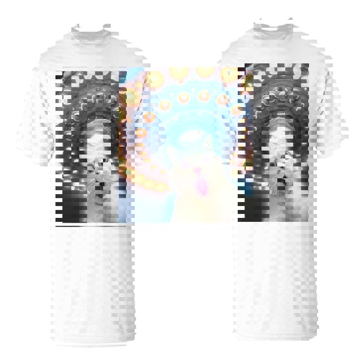 Ufo エイリアンフライングソーサー付き面白い白猫愛好家セルフィー 長袖tシャツ Tシャツ
