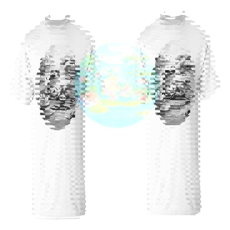 「池でリラックス」 – スイレンの上にサングラスをかけたカエル Tシャツ