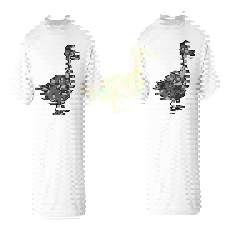 「鴨フラージュ」かも カモフラージュ 迷彩 ダジャレ 駄洒落 動物 鳥 カモ 鳧 カムフラージュ 兵士 軍隊 軍人 国防 Tシャツ