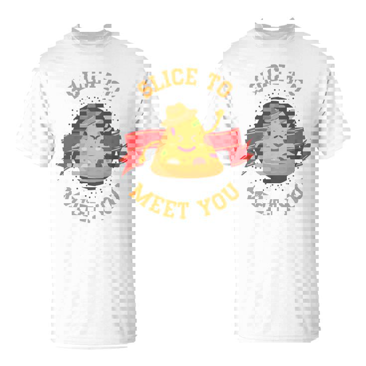 あなたに会うためにチーズクラストとスライス用のスライスが入ったピザ。 長袖tシャツ Tシャツ