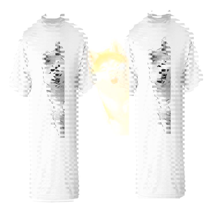 かわいい日本の秋田犬が角をのぞく犬好き。 Tシャツ