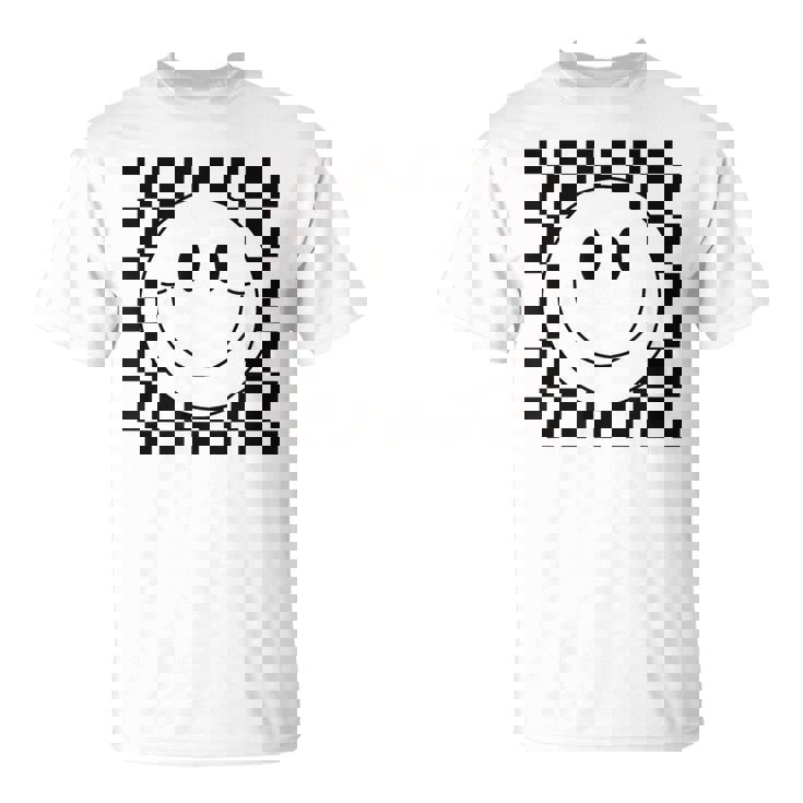 イエロー スマイル フェイスシャツ かわいい チェック柄 スマイル ハッピー Tシャツ