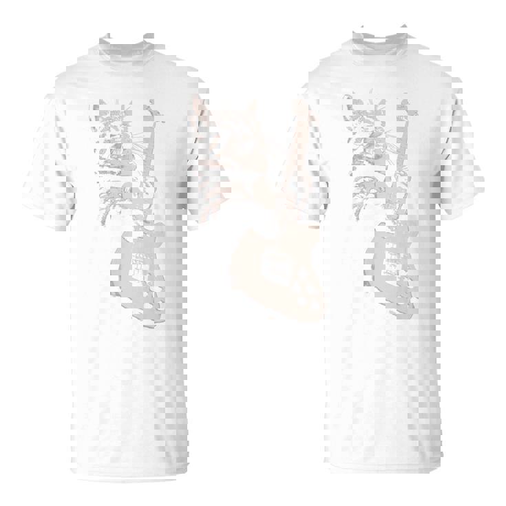 エレキギターを弾く猫 面白いキャットロッカー ロックショー 長袖tシャツ Tシャツ