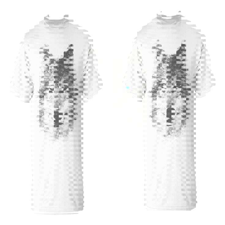 オオカミの顔 青い目 美的スマッジアートスタイル 野生動物 Tシャツ