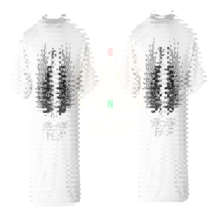 オートバイのギアシフト 1 ダウン 5 アップ バイカー スカル 背面 Tシャツ