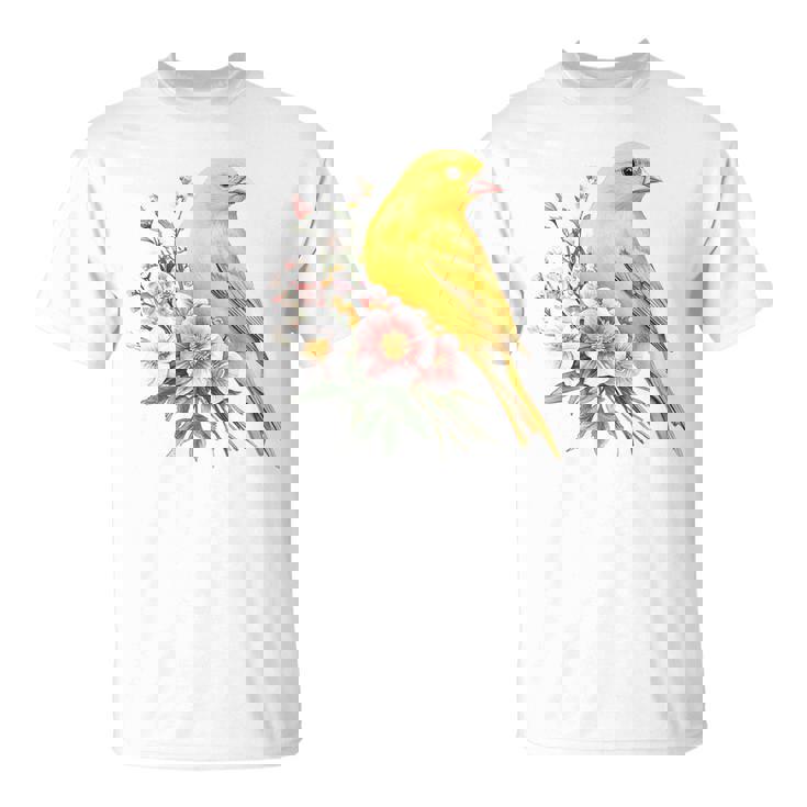 カナリアの鳥好き、ピンクの花のかわいい鳥、自然。 Tシャツ