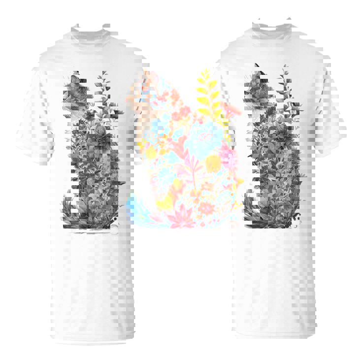 カラフル 花 猫 Tシャツ