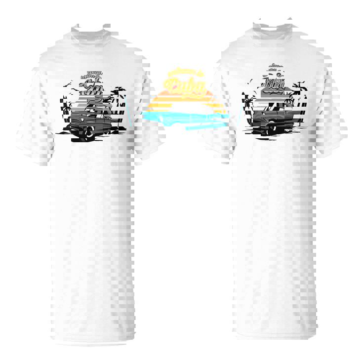 キューバ ヴィンテージカー ラム酒 葉巻 ビーチ 夕日 サーフボード ヤシの木 ハバナ ギフト お土産 太陽 カリブ海 Tシャツ