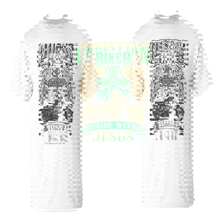 キリスト教バイカーライドウィズジーザスオートバイバックプリントデザイン Tシャツ