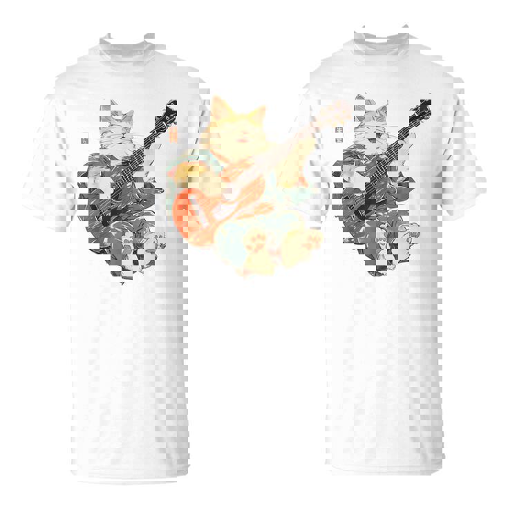 ギターを弾く日本の侍猫 忍者 浮世絵 アニメ Tシャツ