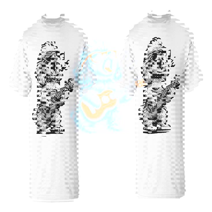 ギターを弾く犬 マルチーズプードル 面白い落書き Tシャツ