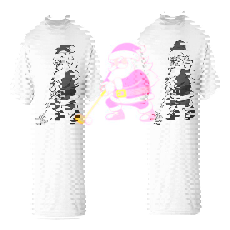 ゴルフをする面白い醜いクリスマスサンタ。 Tシャツ