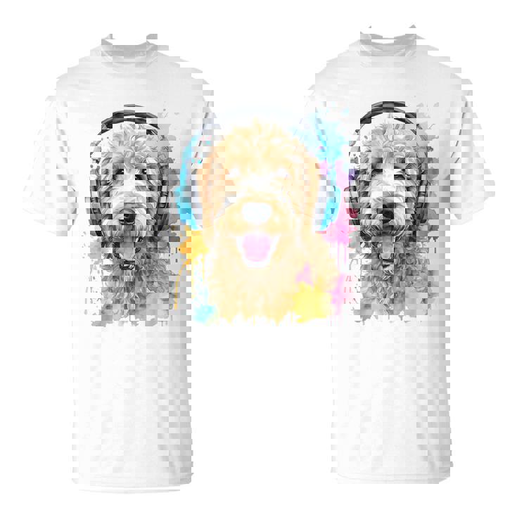 ゴールデンドゥードル、ヘッドフォン、犬、動物プリント Tシャツ