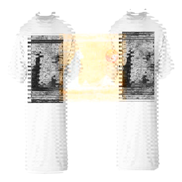 サンセット ピラミッド パピルス スクロール 砂漠 エジプトアート 猫 長袖tシャツ Tシャツ