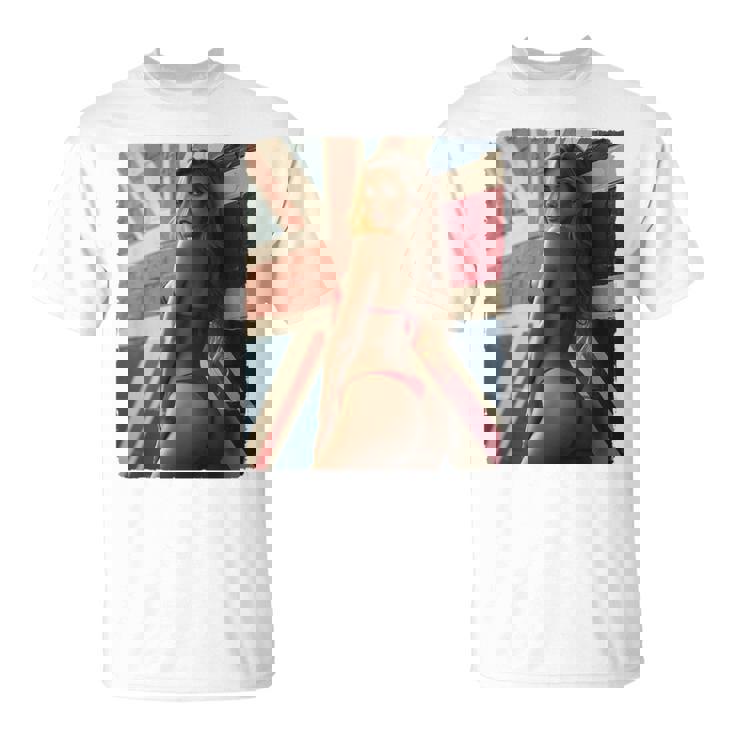 セクシーガールグラフィックtシャツ 「ホットピンナップガール&イギリスの旗」 長袖tシャツ Tシャツ