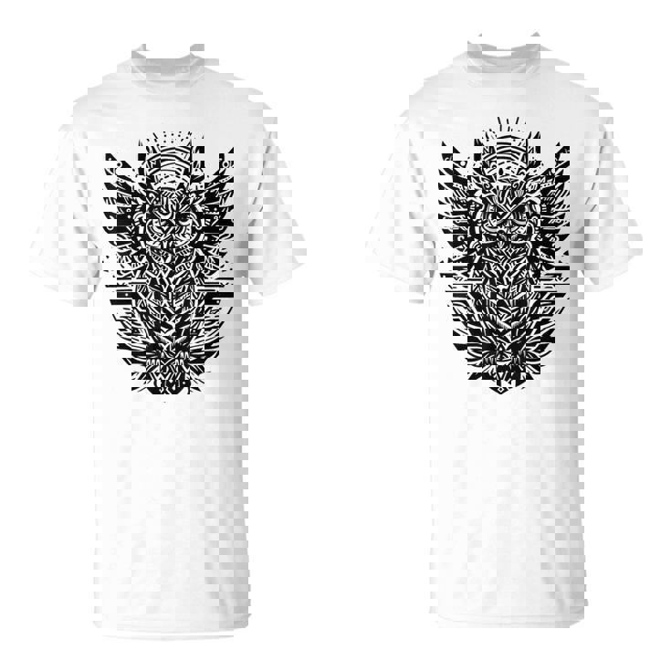 トライバル グレートフクロウ トーテム タトゥー 幾何学模様 Tシャツ