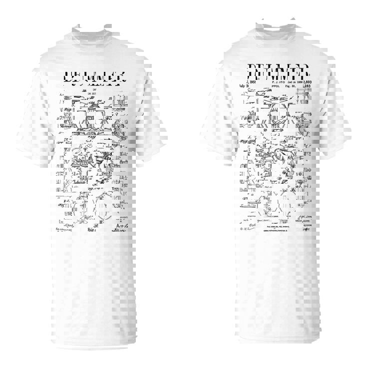 ドラムセットキット ヴィンテージ パテントドラマー ドローイングプリント Tシャツ