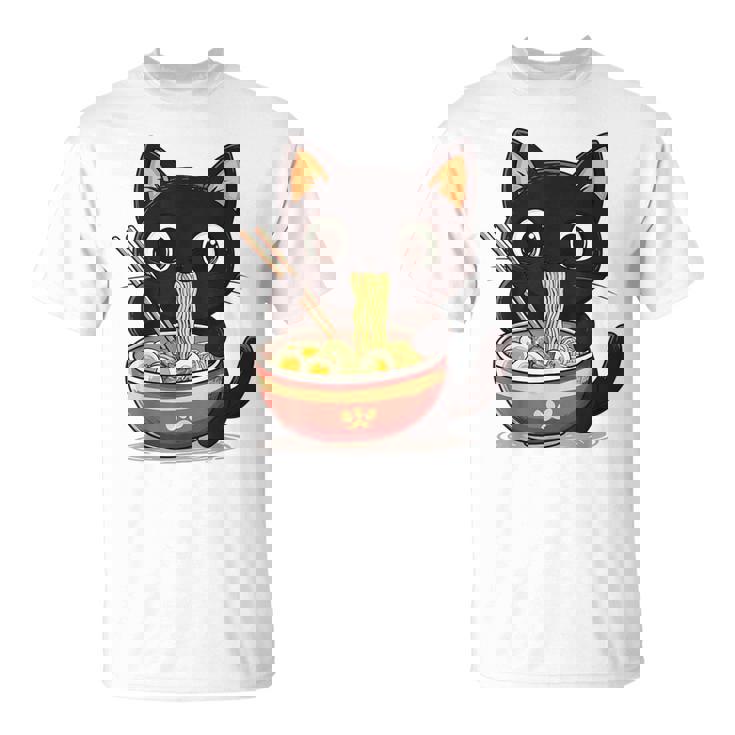 ヌードルキャット黒猫ラーメンデザイン Tシャツ