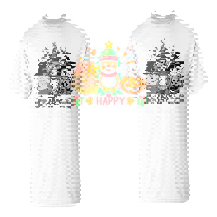 ハッピー、感謝祭、ハロウィン、メリークリスマス。 長袖tシャツ Tシャツ