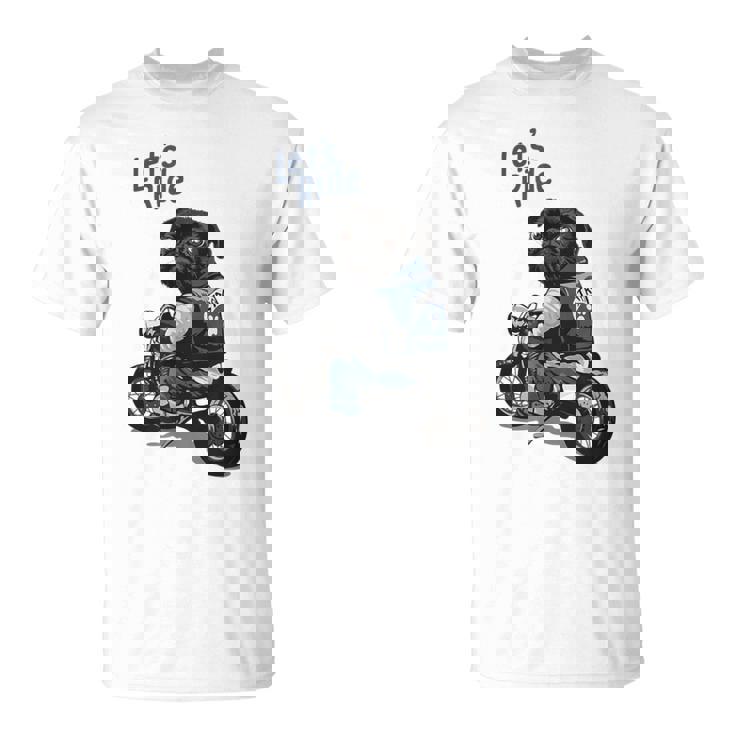 バイクに乗る面白いパグ犬レッツライド Tシャツ