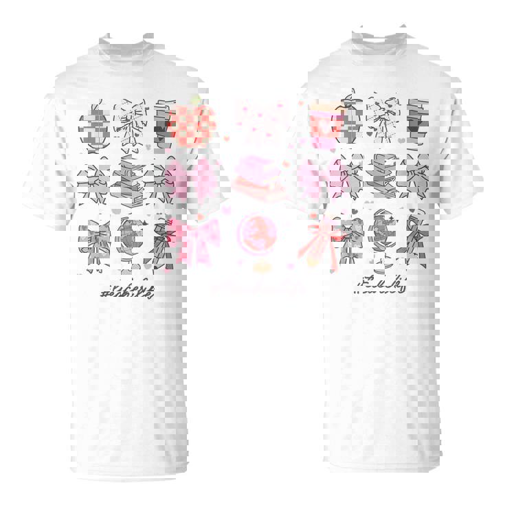 バレンタイン 教師 かわいい弓 アップル 地球儀 鉛筆 本 アート Tシャツ