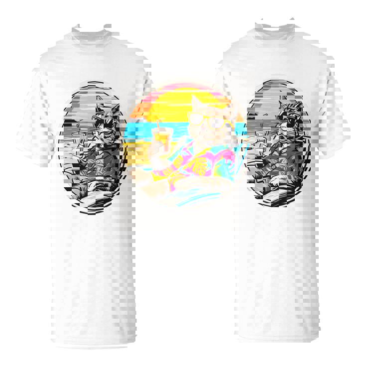 ビーチでドリンクを飲みながらリラックスできるレトロなヴィンテージクールな猫 長袖tシャツ Tシャツ