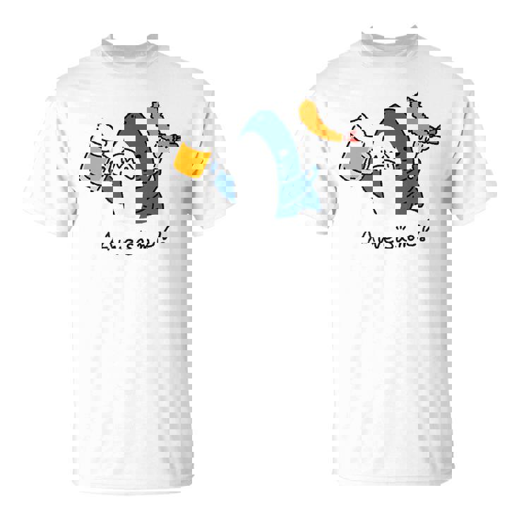 ビールとエビフライとサメ色付き Tシャツ