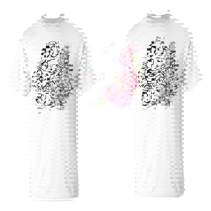 ピアノの鍵盤、音符、花 Tシャツ