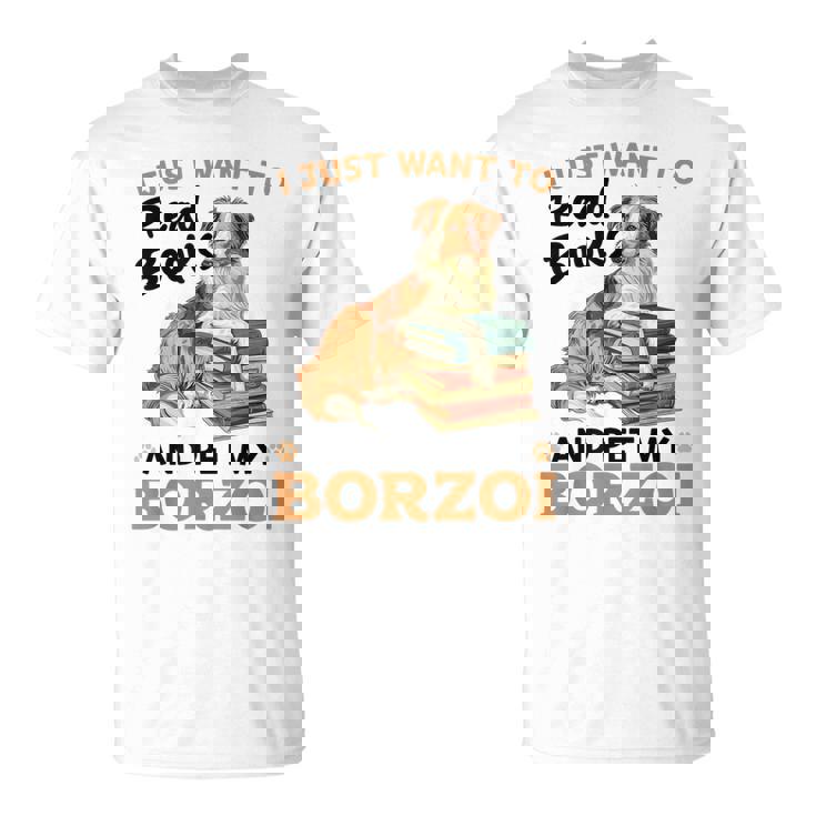 ボルゾイ・ドッグ・ブリード本を読んでボルゾイを撫でたいだけ Tシャツ