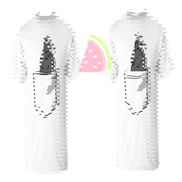 ポケットに入ったスイカのポケットプリントの面白いスイカ。 Tシャツ