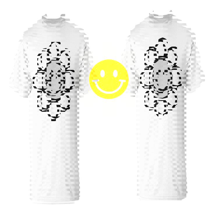 レトロ ヴィンテージ イエロー ハッピー スマイル スマイル フェイス デイジーフラワー Tシャツ