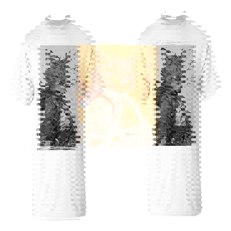 ヴィンテージ 日本の風景 侍 猫 漢字 Art Back Tシャツ