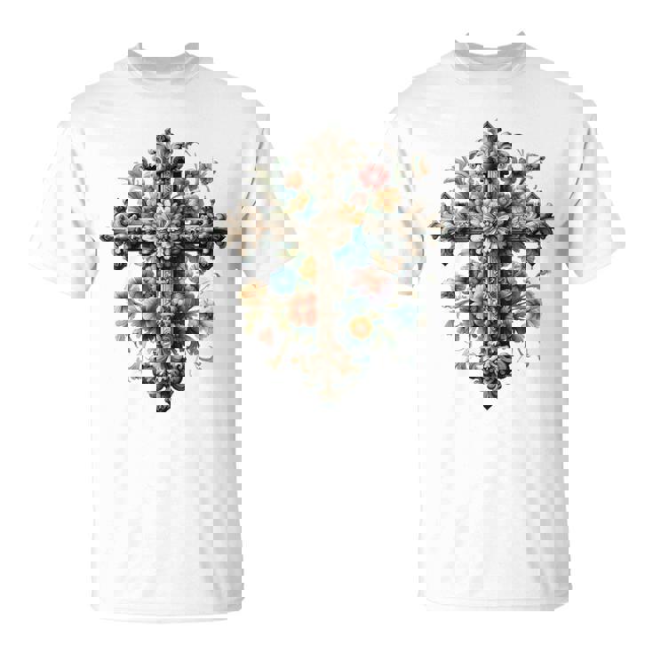 十字架 スピリチュアル キリスト 花 イエス 信仰 十字架 十字架 長袖tシャツ Tシャツ