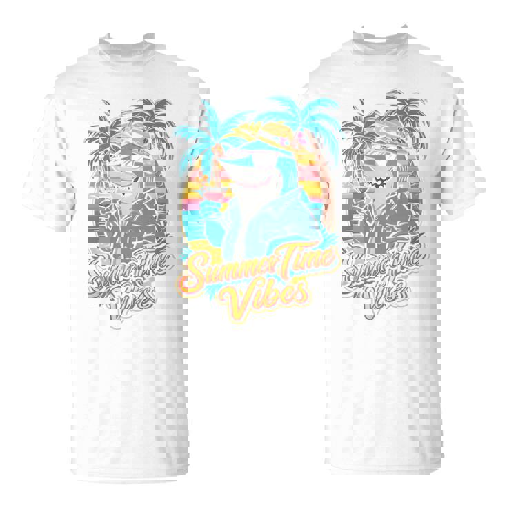 夏休み サメ ビーチ トロピカル サンセット ヤシの木 長袖tシャツ Tシャツ