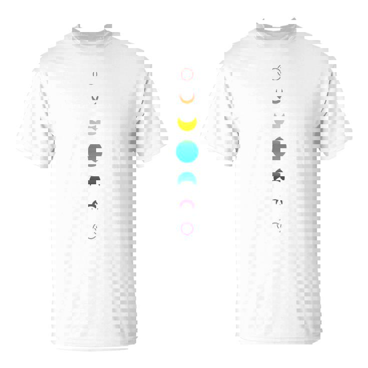 天空の月の満ち欠け バックプリント 虹の月天文学 Tシャツ