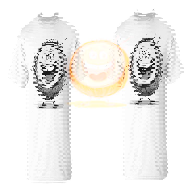 幸せな笑顔のココナッツの顔の漫画 長袖tシャツ Tシャツ