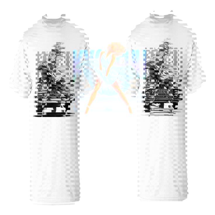 強風ピンナップガールとオールドアメ車のバックプリント Tシャツ