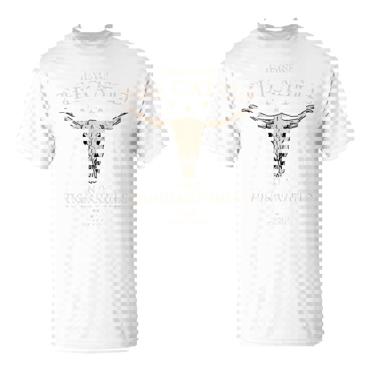 彼はザ・キャトル・オン・ア・サウザンド・ヒルズのクリスチャン・カウ・フェイス 長袖tシャツ Tシャツ