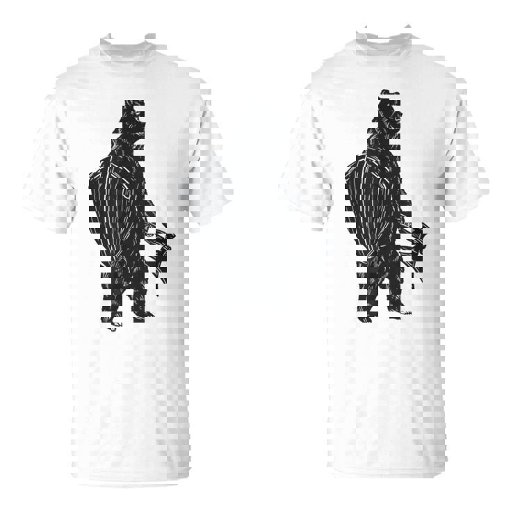 斧と盾を持った熊 中世の熊 バイキング Tシャツ