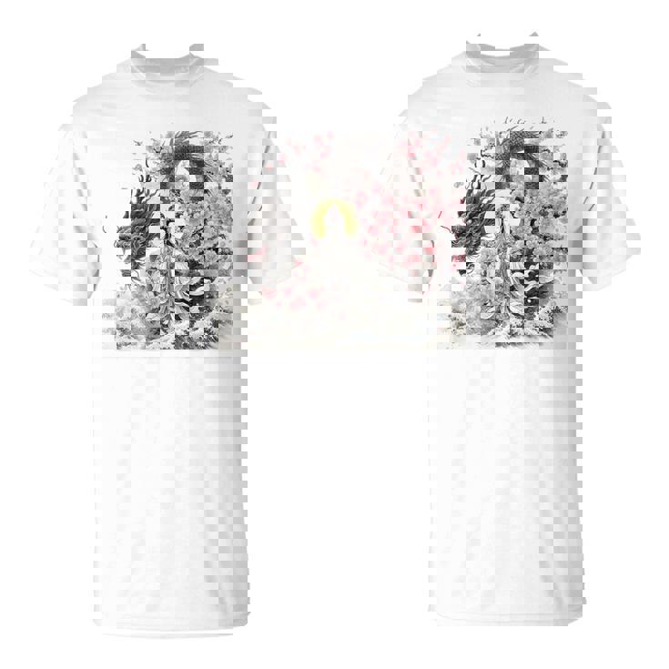 日本 浮世絵 観音菩薩 竜 桜 波 バックプリント Tシャツ