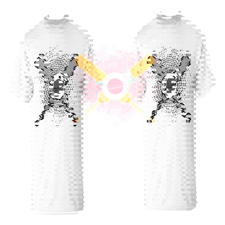 日本のクリケットラケットとボールの旗 長袖tシャツ Tシャツ