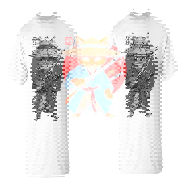 日本の侍 猫戦士 浮世侍 バックプリント Tシャツ