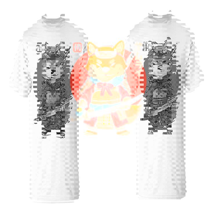 日本の侍犬 柴戦士 浮世サムライ バックプリント Tシャツ