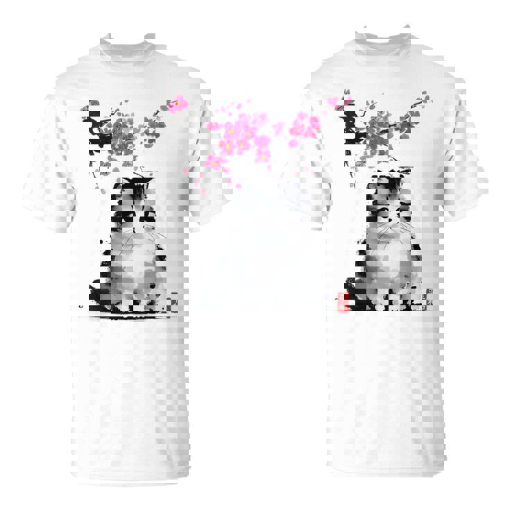 日本の墨絵マンチキン猫 桜 桜アート Tシャツ