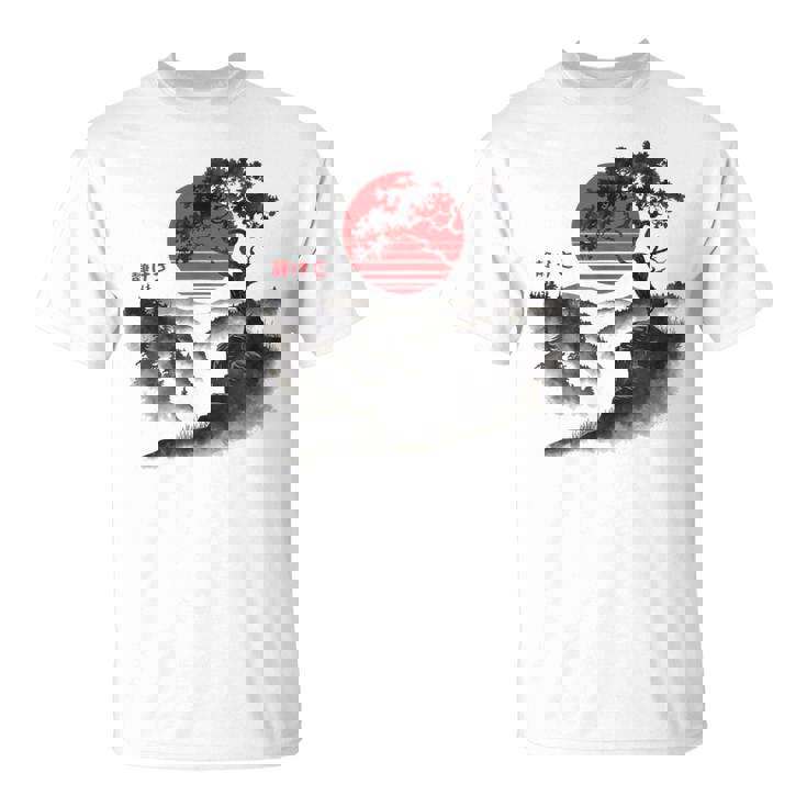 日本の木 赤い月 絵画 日本 夕日 男性 女性 Tシャツ