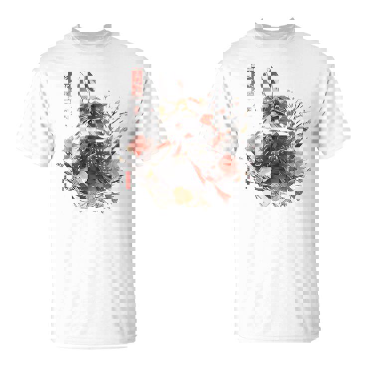 日本アート うさぎ 忍者 浮世絵 アニメスタイル サムライラビット Tシャツ